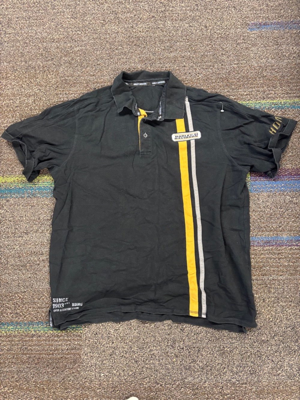 Vintage Y2K Mens XL Harley Davidson Mens Black Yellow Racing Stripe Polo Shirt